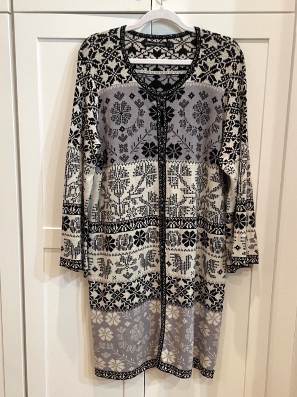 Gudrun Sjoden Long Jacquard-knit Nordic floral geometric Cardigan Size Large